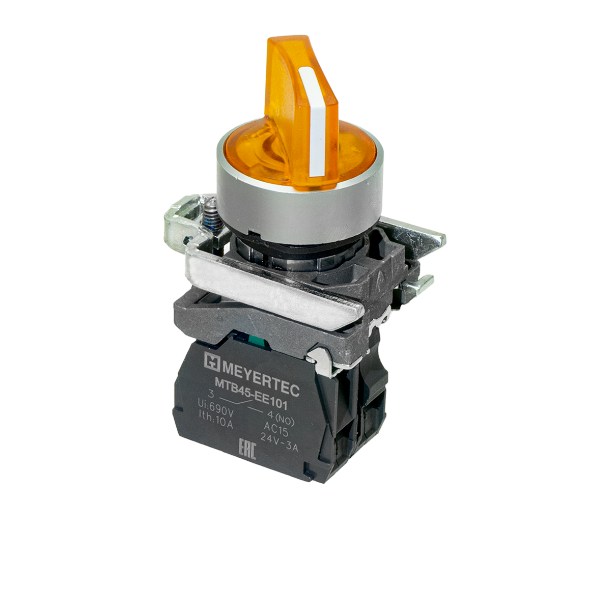 Переключатель  на 3 положения с фиксацией и подсветкой, желтый, 1NO, 220V AC/DC, IP65, металл