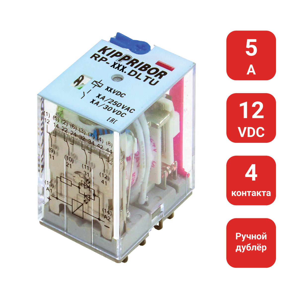 4-конт. реле, 12VDC, ток 5А, LED-индикатор, ручной дублер