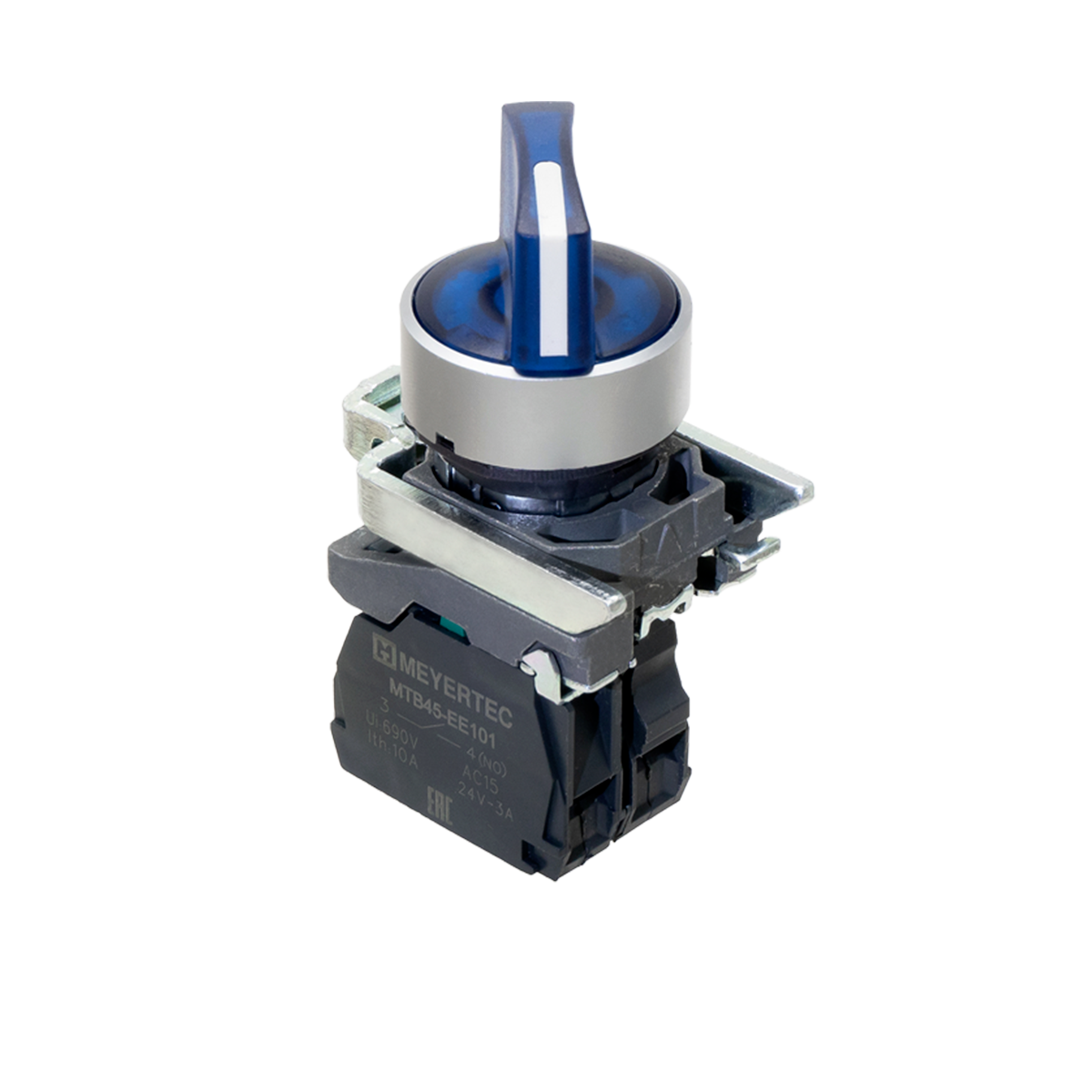 Переключатель  на 2 положения с фиксацией и подсветкой, синий, 1NO, 220V AC/DC, IP65, металл